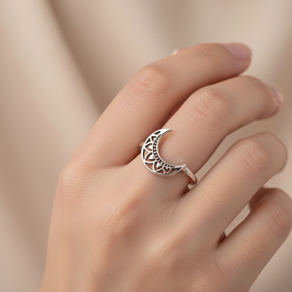 Sterling Silver Crescent Moon Filigree Ring - Zirak Silver