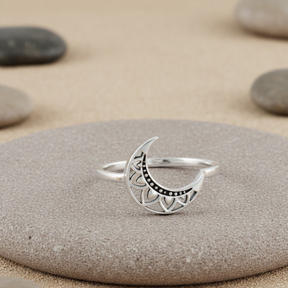 Sterling Silver Crescent Moon Filigree Ring - Zirak Silver