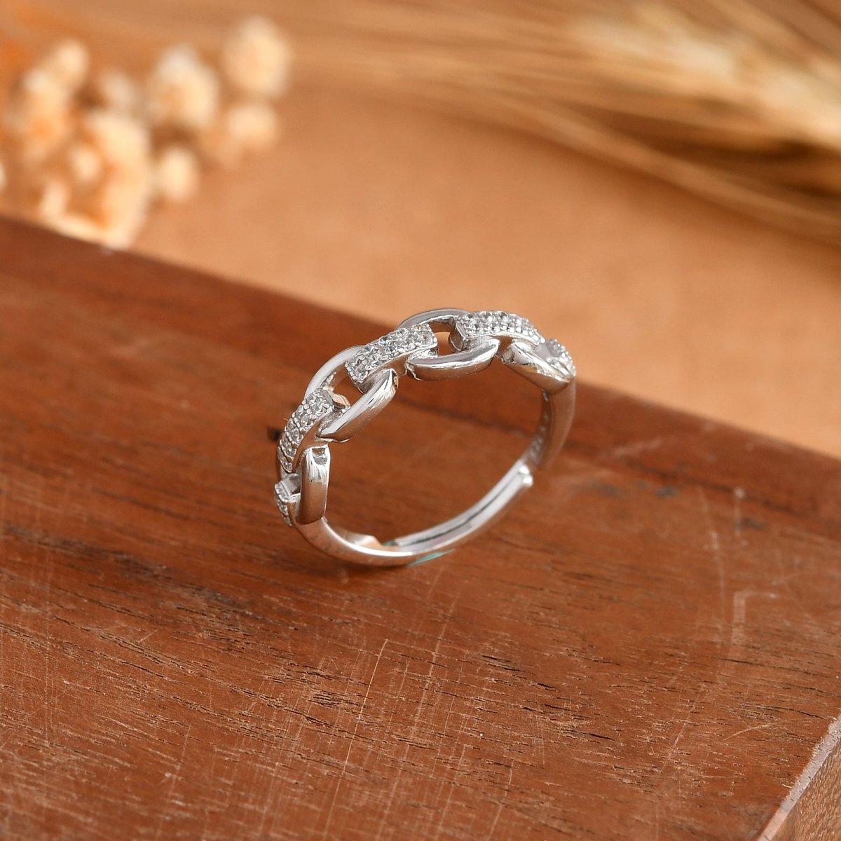 Sterling Silver Cuban Chain Ring with Pave Cubic Zirconia – Stackable Link Band - Zirak Silver
