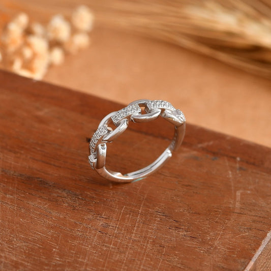 Sterling Silver Cuban Chain Ring with Pave Cubic Zirconia – Stackable Link Band - Zirak Silver