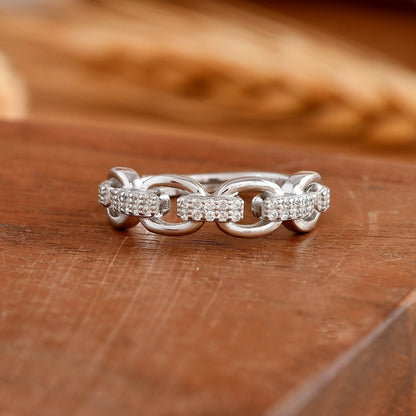 Sterling Silver Cuban Chain Ring with Pave Cubic Zirconia – Stackable Link Band - Zirak Silver