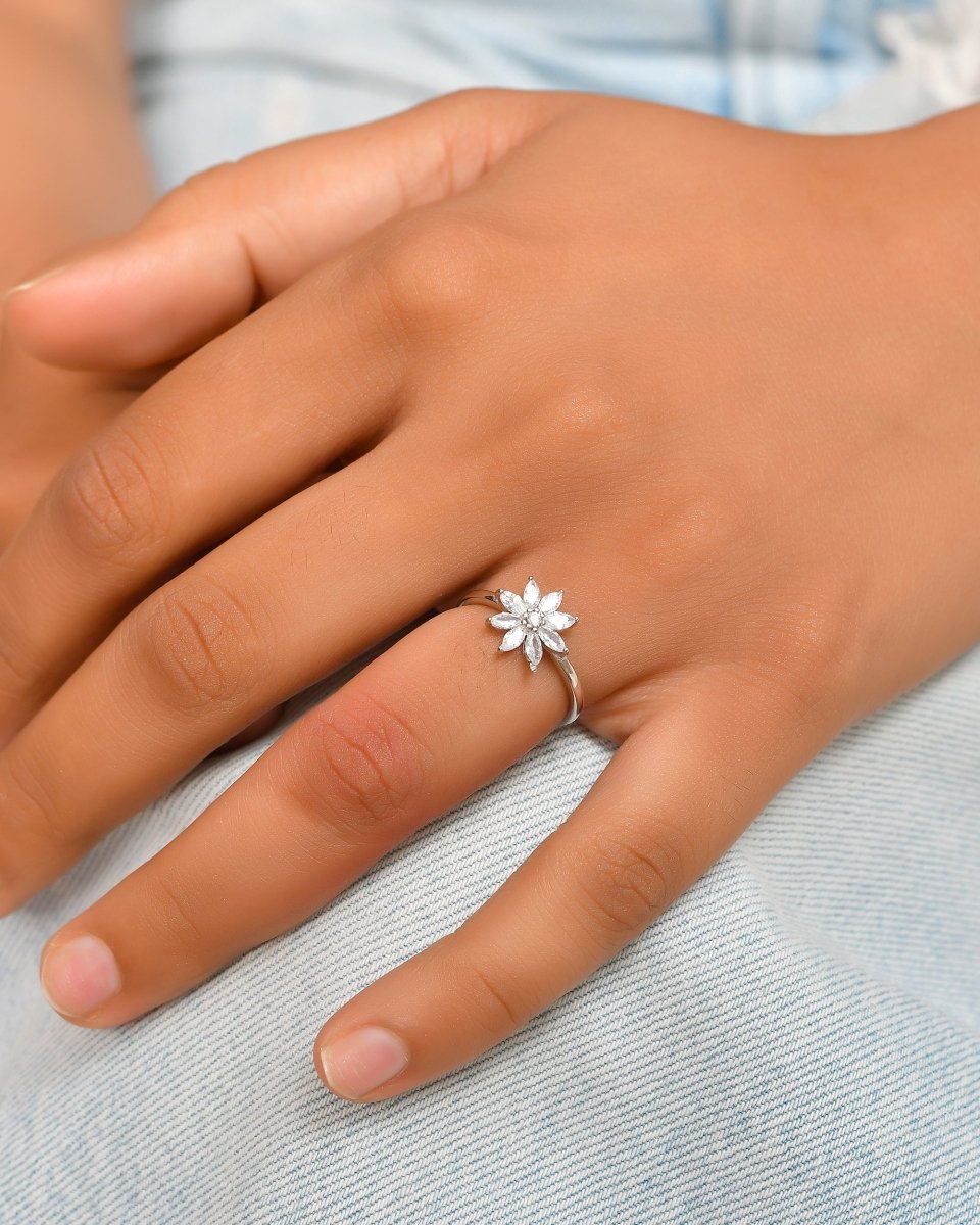 Sterling Silver Daisy Flower Ring – Marquise - Cut CZ Cluster Engagement / Promise Band - Zirak Silver
