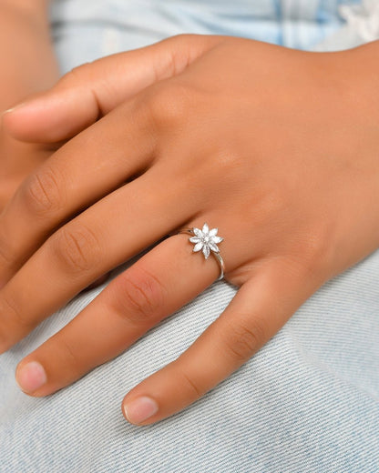 Sterling Silver Daisy Flower Ring – Marquise - Cut CZ Cluster Engagement / Promise Band - Zirak Silver