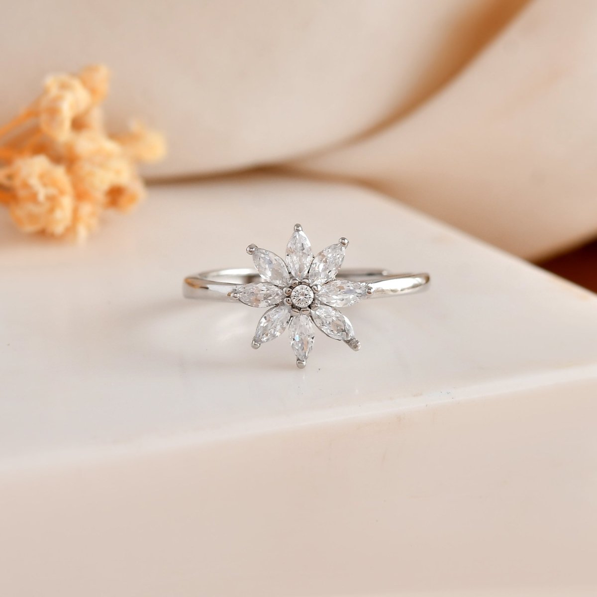 Sterling Silver Daisy Flower Ring – Marquise - Cut CZ Cluster Engagement / Promise Band - Zirak Silver