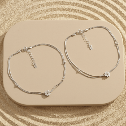 Sterling Silver Double Chain Anklet with Floral Charm – Adjustable Women’s Payal - Zirak Silver