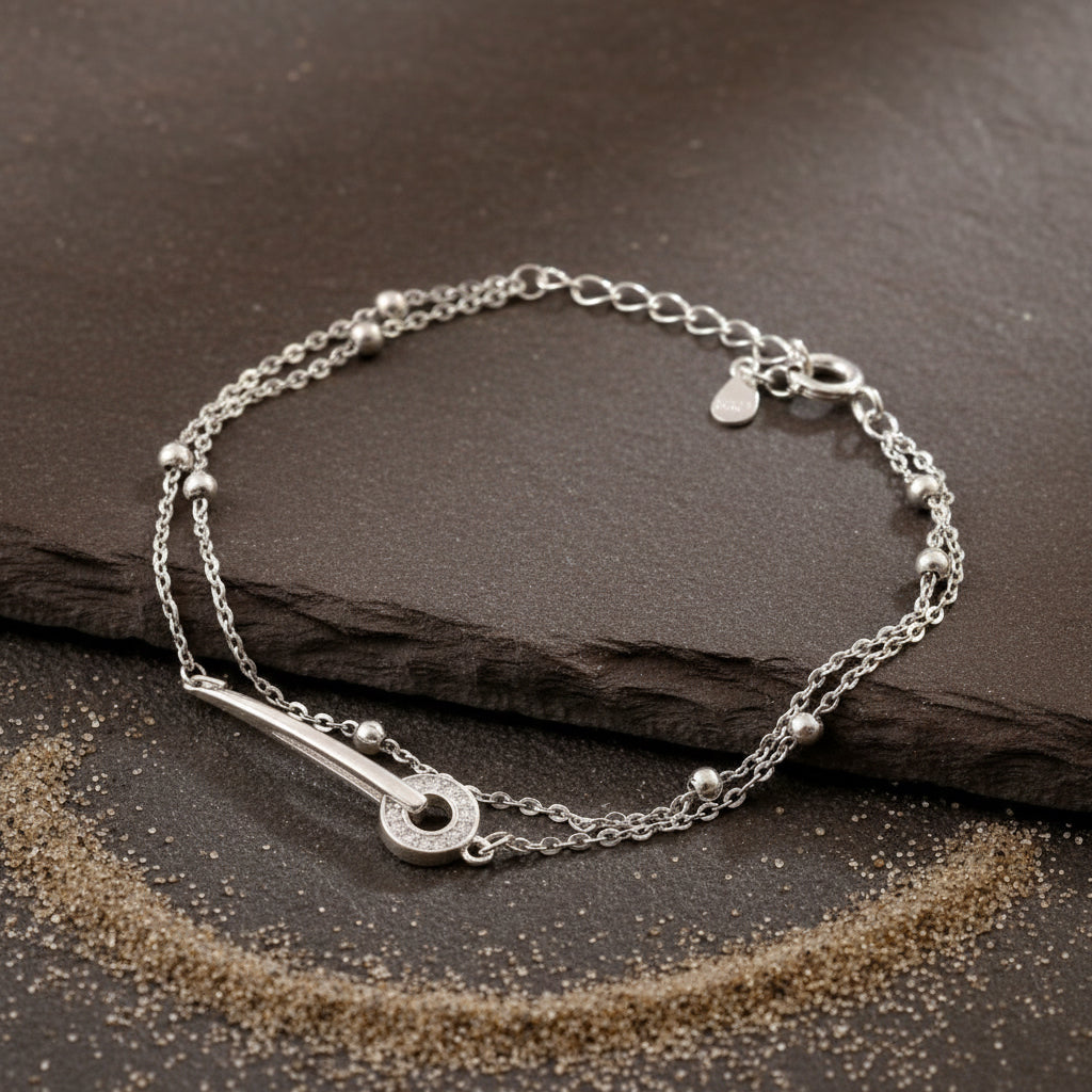 Sterling Silver Dual Chain Bracelet – CZ Loop Charm Adjustable Bracelet for Women - Zirak Silver
