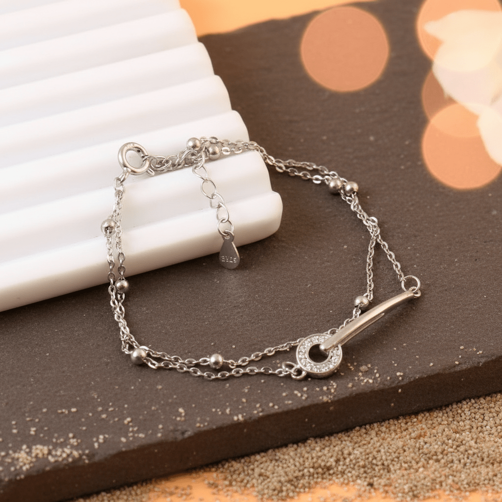 Sterling Silver Dual Chain Bracelet – CZ Loop Charm Adjustable Bracelet for Women - Zirak Silver
