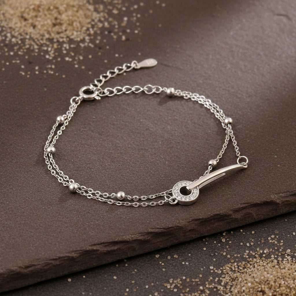 Sterling Silver Dual Chain Bracelet – CZ Loop Charm Adjustable Bracelet for Women - Zirak Silver