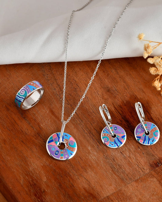 Sterling Silver Enamel Disc Jewelry Set – Color - Splash Necklace, Dangle Earrings & Ring - Zirak Silver