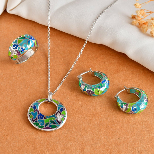 Sterling Silver Enamel Hoop Jewelry Set – Vivid Green & Teal Donut Pendant Necklace, Matching Hoops & Wide Band Ring - Zirak Silver