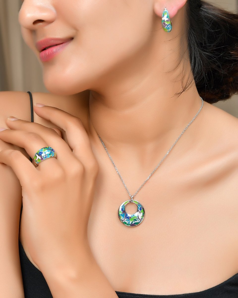 Sterling Silver Enamel Hoop Jewelry Set – Vivid Green & Teal Donut Pendant Necklace, Matching Hoops & Wide Band Ring - Zirak Silver