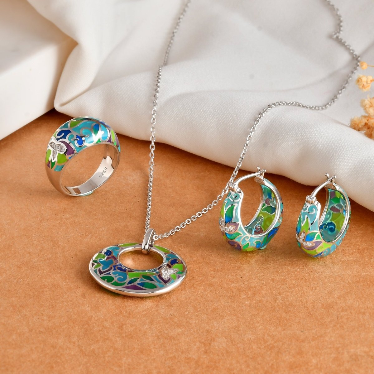 Sterling Silver Enamel Hoop Jewelry Set – Vivid Green & Teal Donut Pendant Necklace, Matching Hoops & Wide Band Ring - Zirak Silver