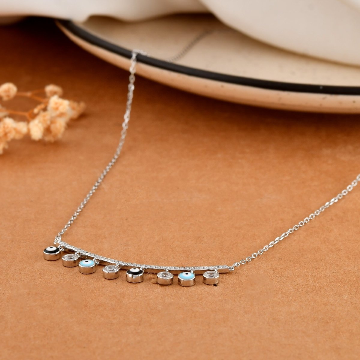 Sterling Silver Evil - Eye Bar Necklace with CZ Dangle Charms - Zirak Silver