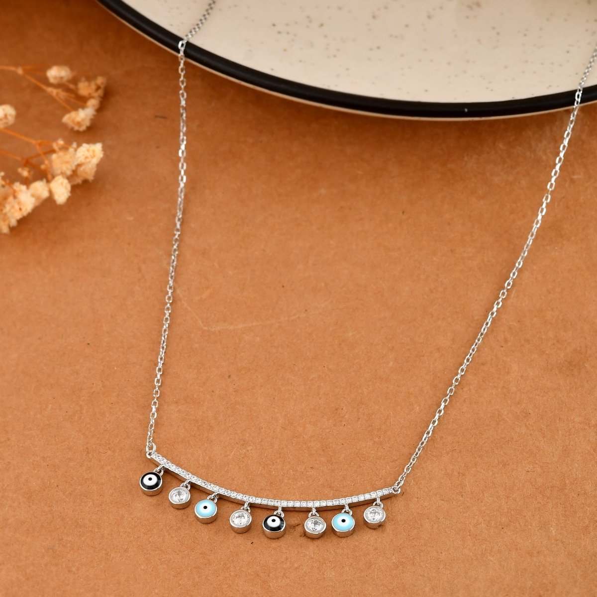 Sterling Silver Evil - Eye Bar Necklace with CZ Dangle Charms - Zirak Silver