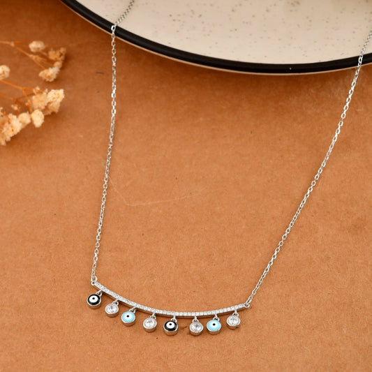 Sterling Silver Evil - Eye Bar Necklace with CZ Dangle Charms - Zirak Silver