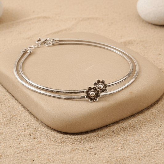 Sterling Silver Floral Anklet, 925 Silver Payal for Women, Indian Traditional Jewelry, Adjustable Silver Anklet, Handmade Gift - Zirak Silver
