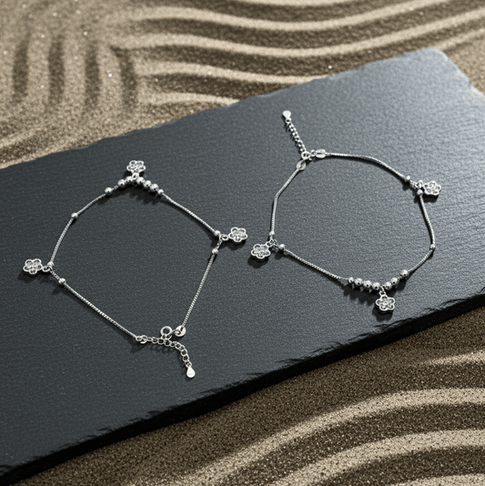 Sterling Silver Floral Charm Anklet - Zirak Silver