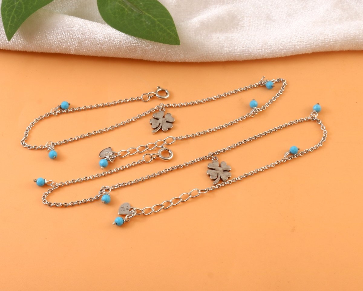 Sterling Silver Four Leaf Clover Anklet with Turquoise Beads – Lucky Charm Foot Jewelry - Zirak Silver