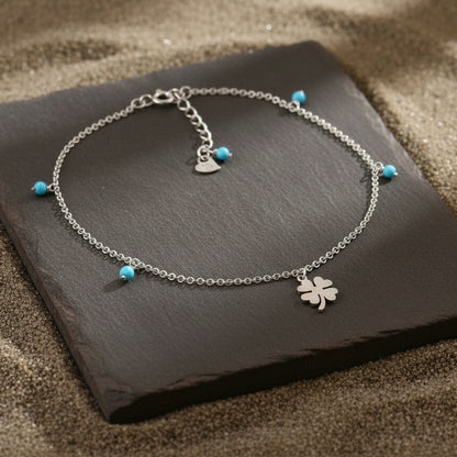 Sterling Silver Four Leaf Clover Anklet with Turquoise Beads – Lucky Charm Foot Jewelry - Zirak Silver