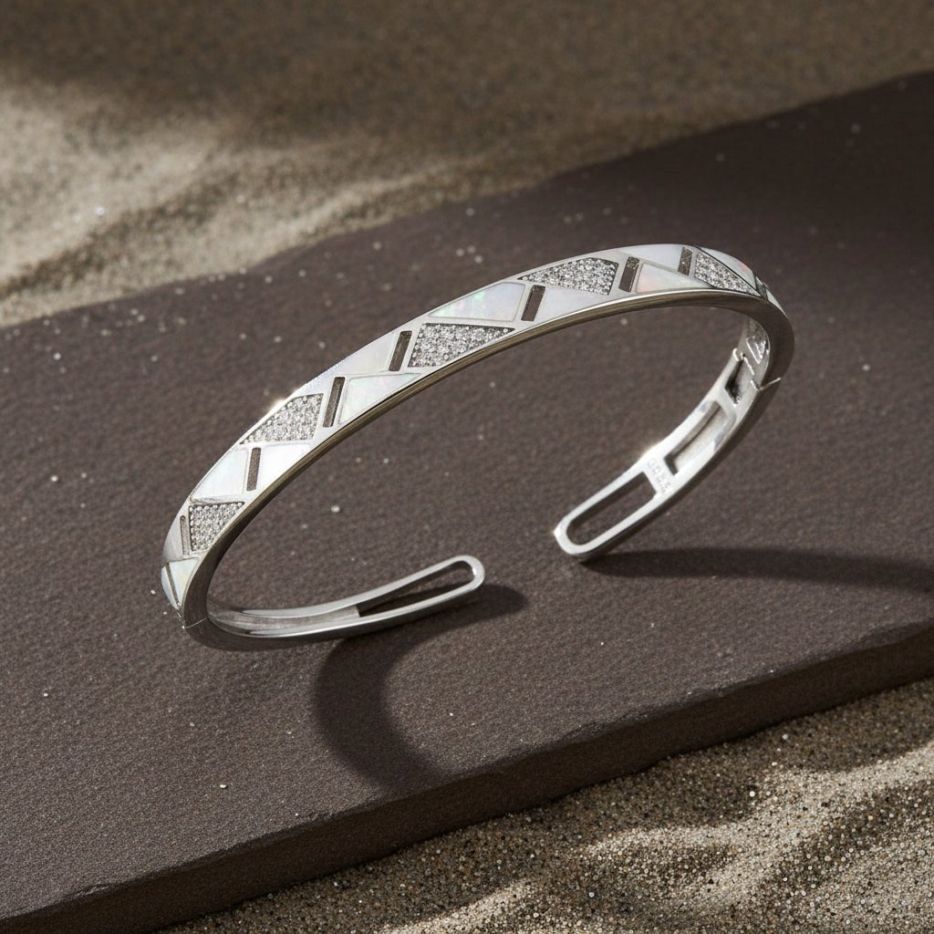 Sterling Silver Geometric Opal Inlay Cuff Bracelet - Zirak Silver