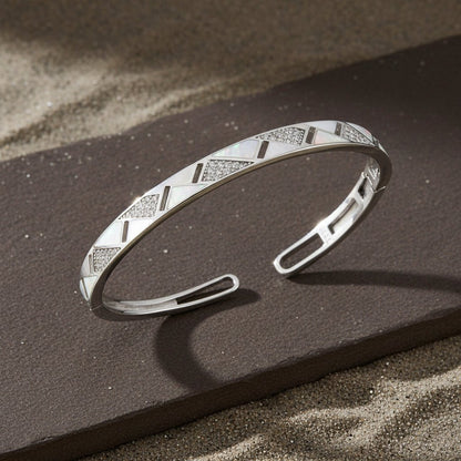 Sterling Silver Geometric Opal Inlay Cuff Bracelet - Zirak Silver