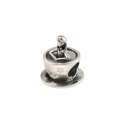 Sterling Silver Girl in Teacup Charm – Whimsical Coffee & Tea Lover Bead - Zirak Silver