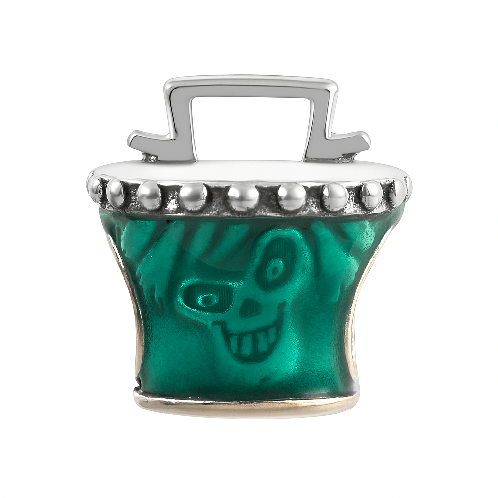 Sterling Silver Green Cauldron Charm with Skull Design – Enamel Halloween Bead - Zirak Silver