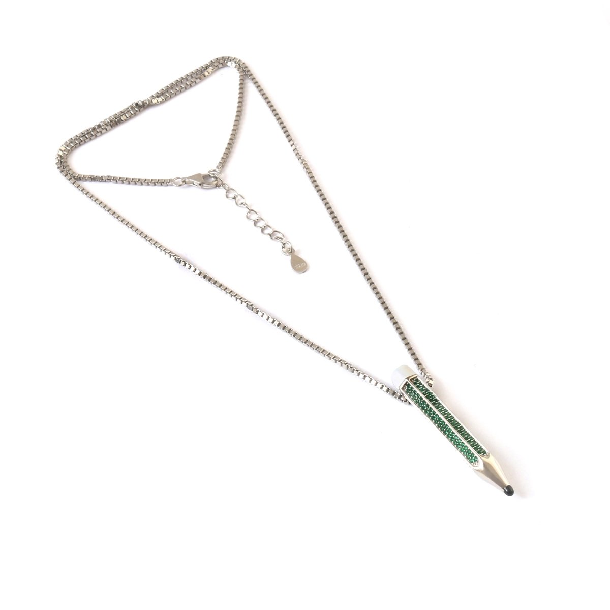 Sterling Silver Green Pencil Necklace | Creative Pendant with CZ Stones | Quirky Minimal Jewelry for Artists - Zirak Silver