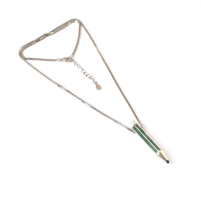 Sterling Silver Green Pencil Necklace | Creative Pendant with CZ Stones | Quirky Minimal Jewelry for Artists - Zirak Silver