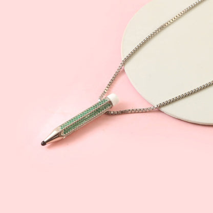 Sterling Silver Green Pencil Necklace | Creative Pendant with CZ Stones | Quirky Minimal Jewelry for Artists - Zirak Silver