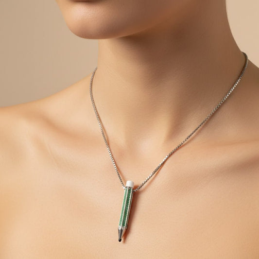 Sterling Silver Green Pencil Necklace | Creative Pendant with CZ Stones | Quirky Minimal Jewelry for Artists - Zirak Silver