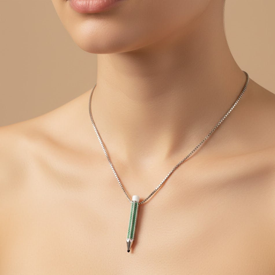 Sterling Silver Green Pencil Necklace | Creative Pendant with CZ Stones | Quirky Minimal Jewelry for Artists - Zirak Silver
