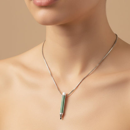 Sterling Silver Green Pencil Necklace | Creative Pendant with CZ Stones | Quirky Minimal Jewelry for Artists - Zirak Silver