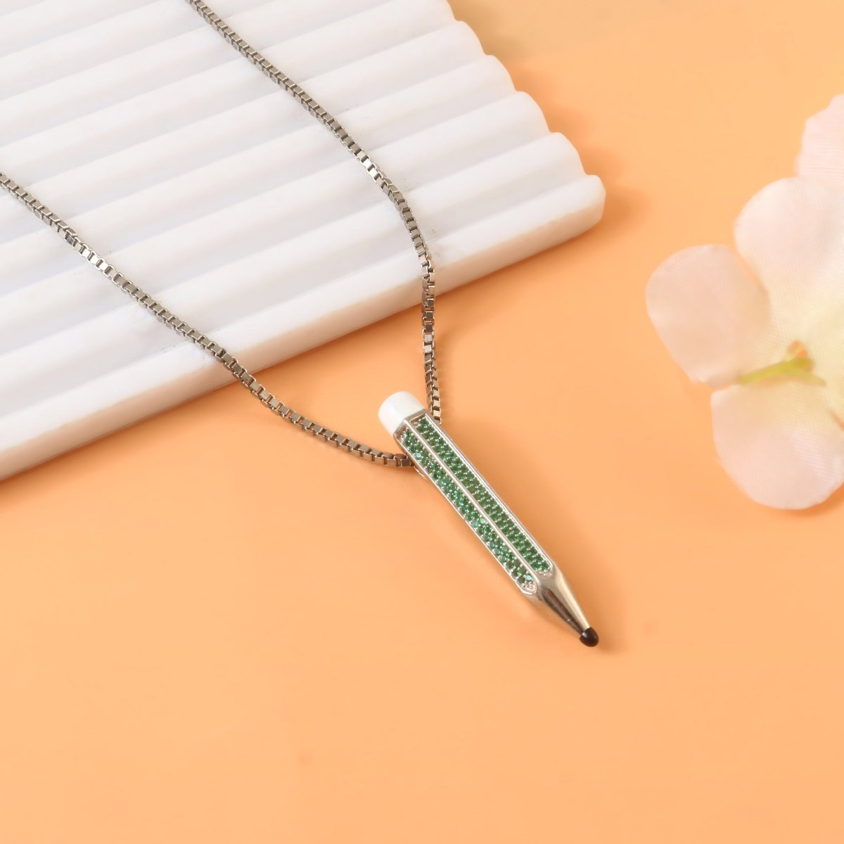Sterling Silver Green Pencil Necklace | Creative Pendant with CZ Stones | Quirky Minimal Jewelry for Artists - Zirak Silver