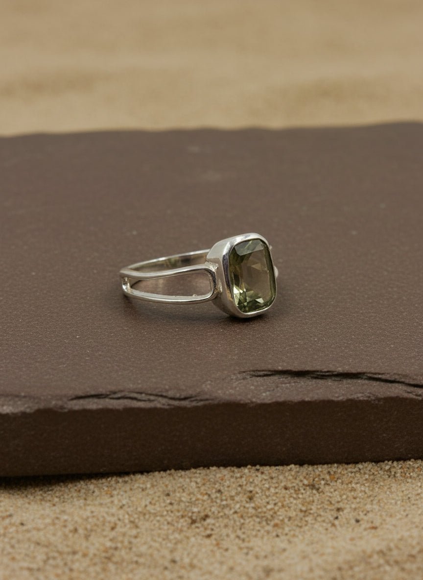Sterling Silver Green Quartz Cushion - Cut Ring - Zirak Silver