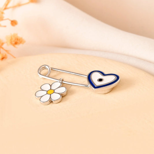 Sterling Silver Heart - Evil - Eye & Daisy Safety - Pin Brooch – Nazar Protection Pin for Baby Girls - Zirak Silver