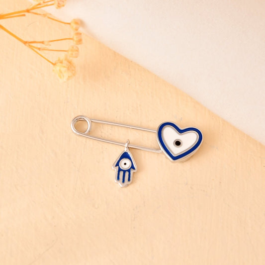 Sterling Silver Heart - Evil - Eye & Hamsa Safety - Pin Brooch – Baby Nazar Protection Pin - Zirak Silver