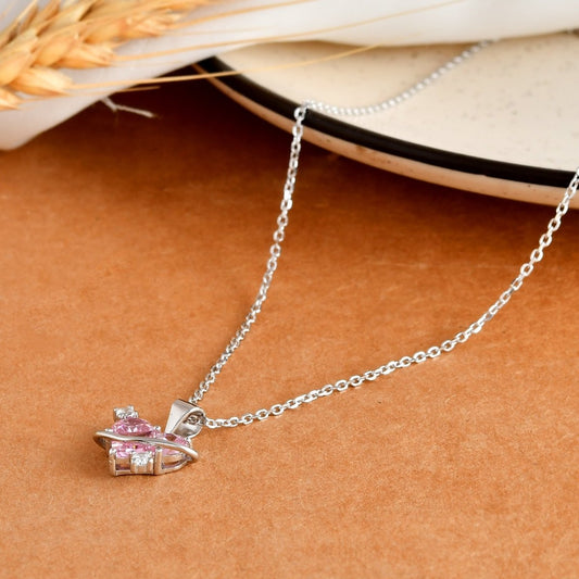 Sterling Silver “Heart - in - Orbit” Pink CZ Planet Pendant Necklace - Zirak Silver