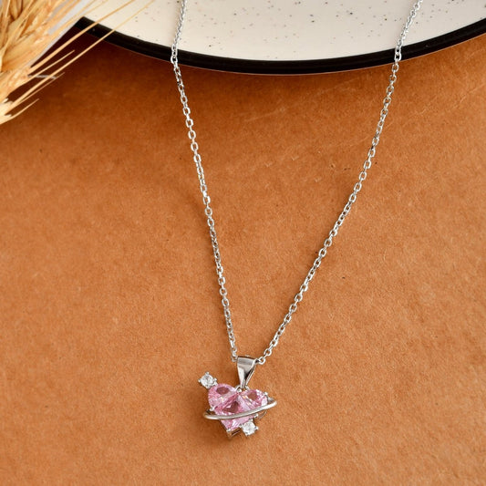 Sterling Silver “Heart - in - Orbit” Pink CZ Planet Pendant Necklace - Zirak Silver