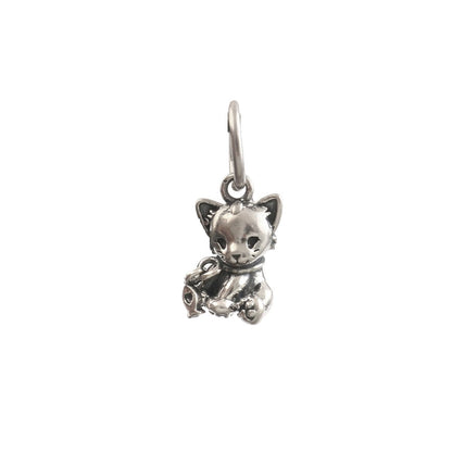 Sterling Silver Kitten Charm with Fish Dangle | Cute Cat Bead Charm for Bracelets - Zirak Silver