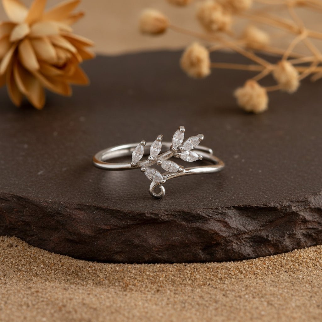 Sterling Silver Leaf Branch Ring with Marquise - Cut CZ – Adjustable Vine Wrap Band - Zirak Silver