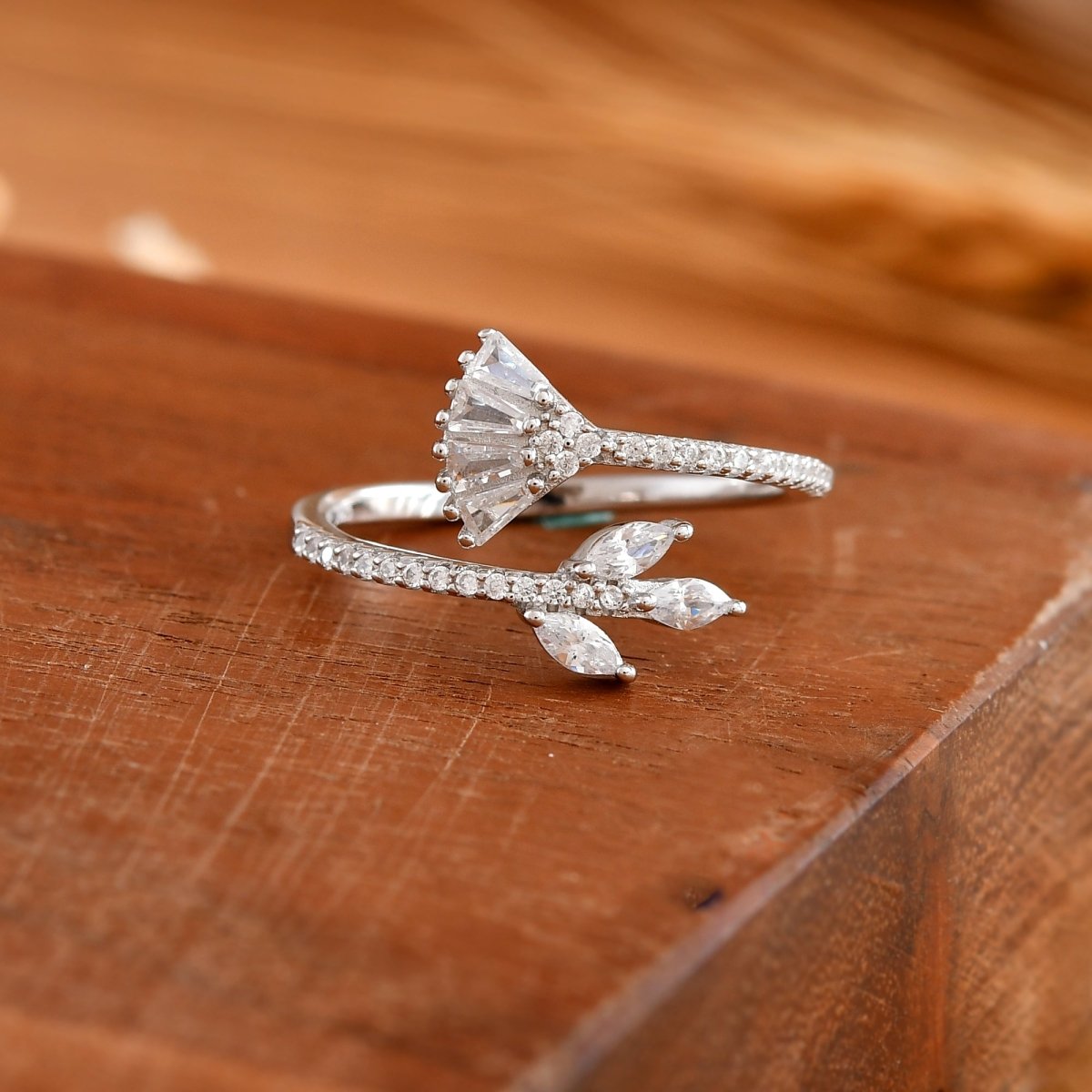Sterling Silver Leaf & Fan Open Ring with Baguette & Marquise CZ – Adjustable Botanical Statement - Zirak Silver
