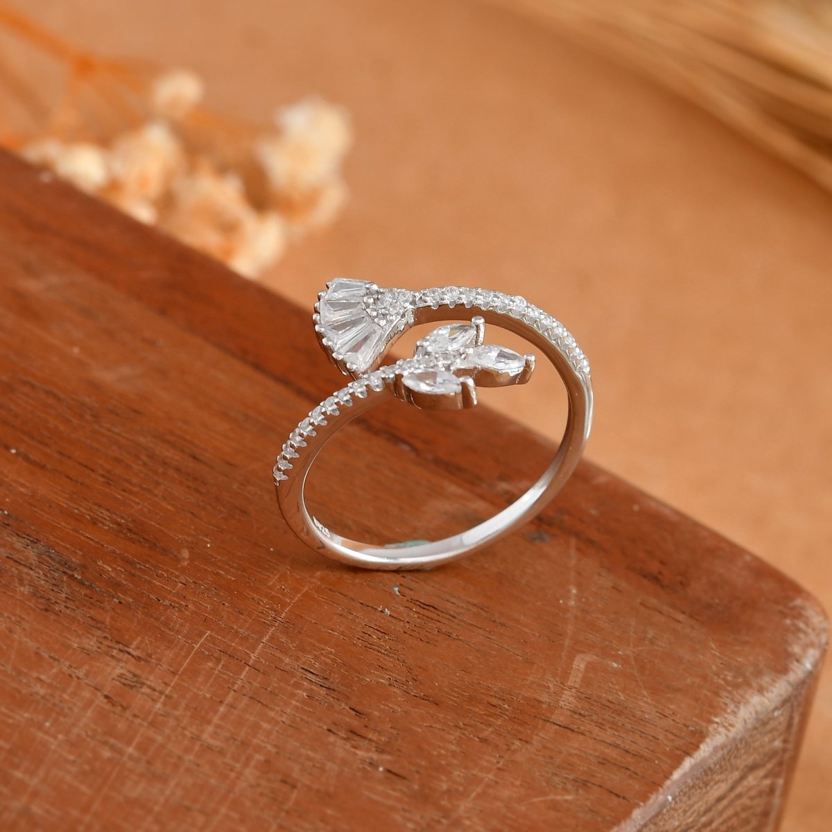 Sterling Silver Leaf & Fan Open Ring with Baguette & Marquise CZ – Adjustable Botanical Statement - Zirak Silver