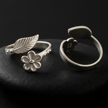 Sterling Silver Leaf & Flower Adjustable Toe Ring | Boho Floral 925 Silver Jewelry - Zirak Silver