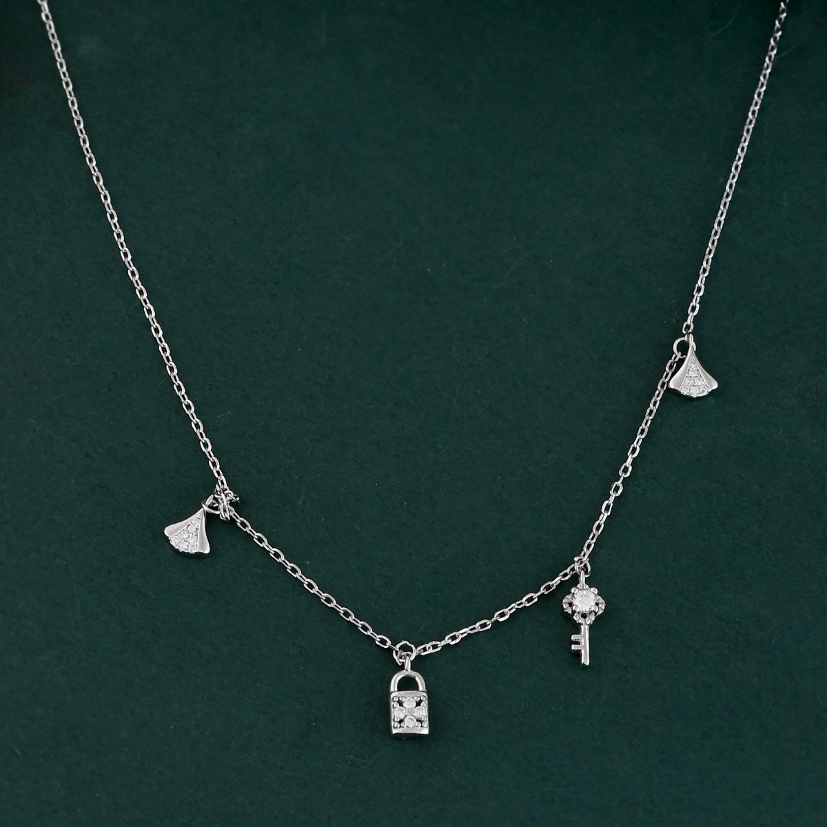 Sterling Silver Lock & Key Charm Necklace – Dainty CZ Padlock, Key & Ginkgo Leaf Pendant Choker - Zirak Silver