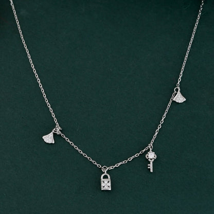 Sterling Silver Lock & Key Charm Necklace – Dainty CZ Padlock, Key & Ginkgo Leaf Pendant Choker - Zirak Silver