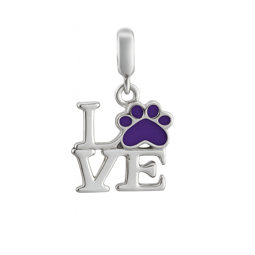 Sterling Silver “LOVE” Paw Print Dangle Charm with Purple Enamel - Zirak Silver