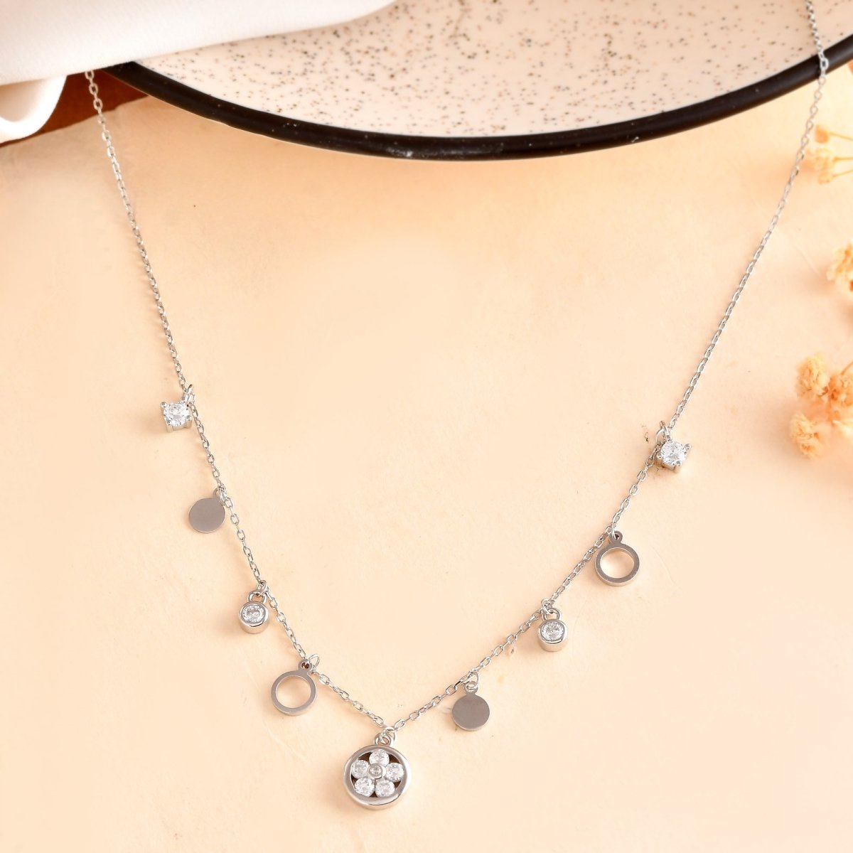 Sterling Silver Mixed - Charm Dangle Necklace – CZ Discs, Open Rings & Mini Drops - Zirak Silver
