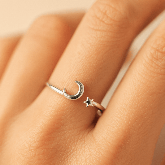 Sterling Silver Moon and Star Adjustable Ring - Zirak Silver
