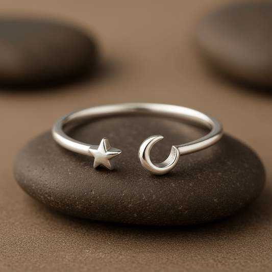 Sterling Silver Moon and Star Adjustable Ring - Zirak Silver